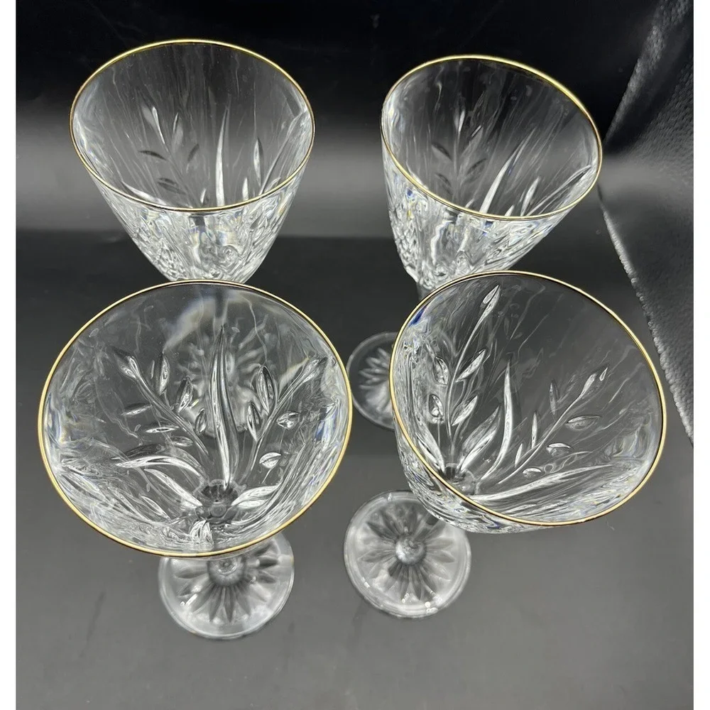 4 Vintage Mikasa Dune Grass Crystal Wine Glasses Stems w Gold Rim 8.5